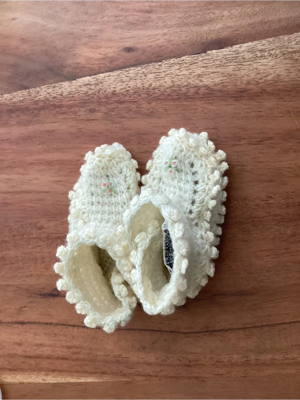 Vtg.100% virgin wool baby booties cream, light blue pink and green embroidery
